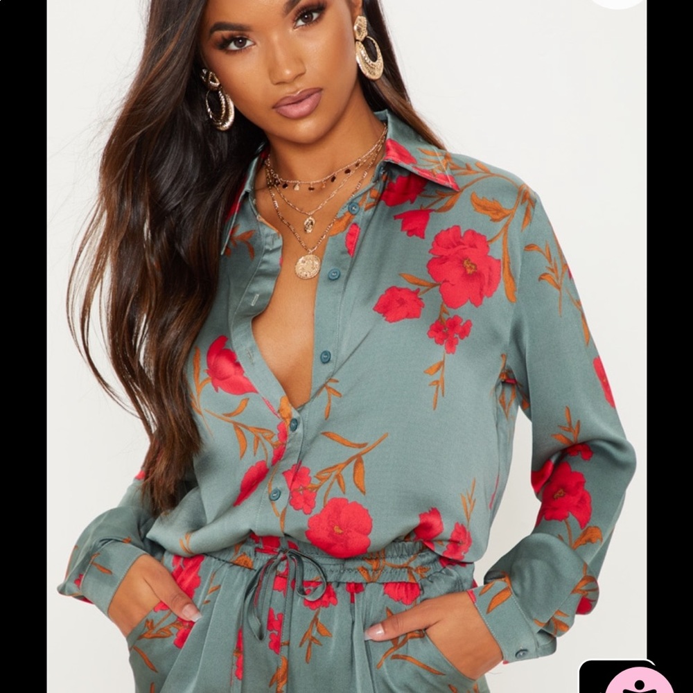Pretty Little Thing Green Floral Print Oversized Shirt